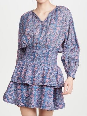 Cleobella 100% Cotton Bianca Mini Dress Size M Blue and Pink Floral Smocked